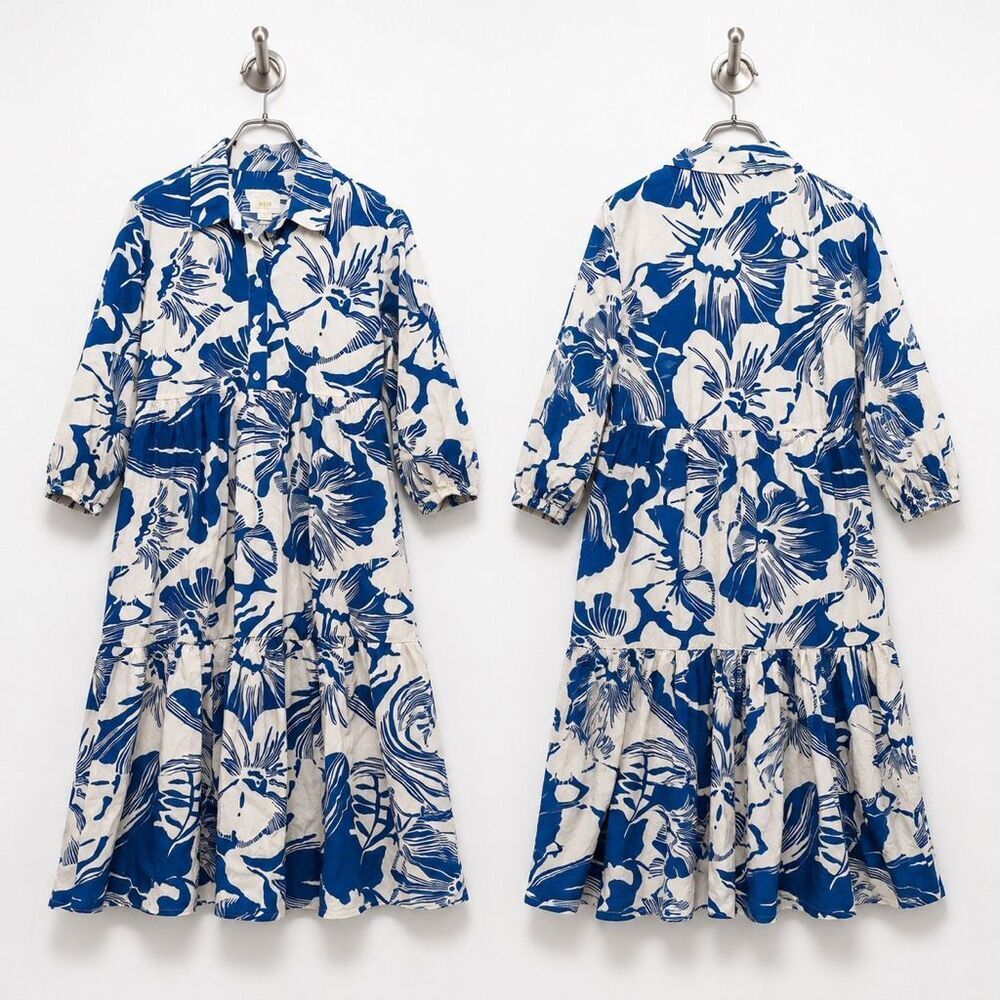 Anthropologie Maeve Bettina Tier Shirt Dress Blue White Floral XS Cotton Pockets